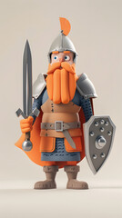 3D cartoon character of a man with an orange beard wearing armor and a sword