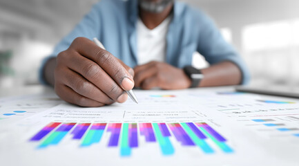 Focused professional marks colorful bar charts while reviewing detailed financial performance reports.