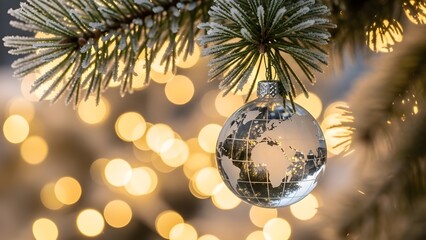 Frosted pine branch with a sparkling world globe ornament, surrounded by warm festive lights