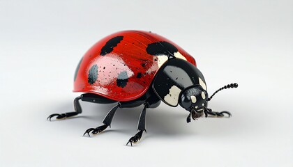 Realistic ladybug with glossy red shell and black spots, lifelike detail on dark surface.