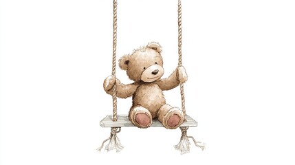 Cute Brown Teddy Bear Sitting on a Wooden Swing with Rope Chains