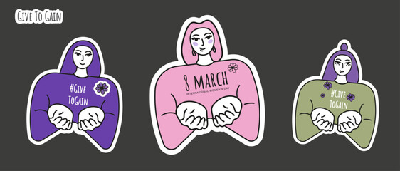 A set of three vector stickers: women with the hashtag #GIVETOGAIN and messages for March 8. Perfect for campaigns, activism, social media, and promoting gender equality.