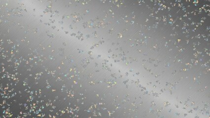 Holographic glitter sparkles on grey background, festive iridescent confetti texture