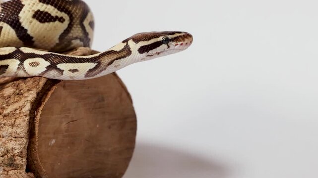 Ball Python Slowly Exploring Log in Studio Close-Up
