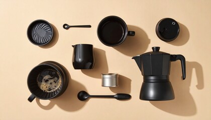 Flat lay of black coffee tools on beige surface, organized accessories for manual brewing.