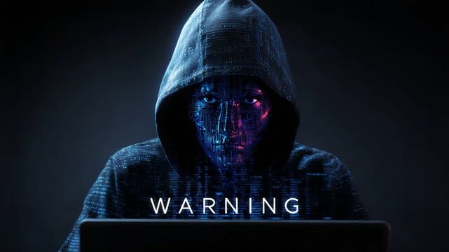 A digital representation of an alert, featuring an abstract figure wearing a hooded jacket, symbolizing cybersecurity threats and warnings related to technology misuse. 