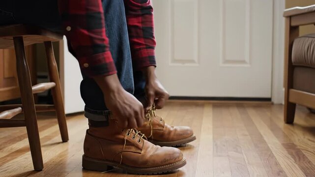 Man tying brown boots in cozy home interior with wooden furniture and natural light