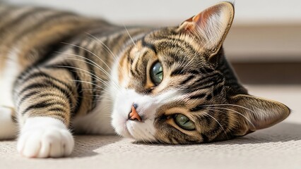 Close up portrait of a relaxed tabby cat with striking green eyes resting comfortably in warm sunlight