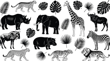 African wildlife and tropical leaves, cheetah, elephant, zebra, lion, giraffe, rhino, black icons, jungle vector set © Santo's World
