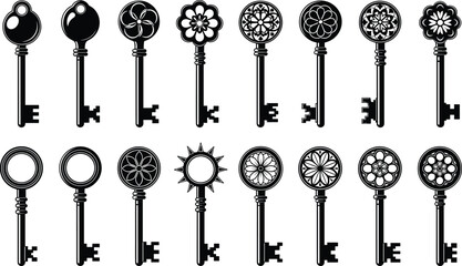 Vintage key silhouettes, black and white icons, ornate bow designs, antique style, decorative vector set, lock and key concept © Santo's World
