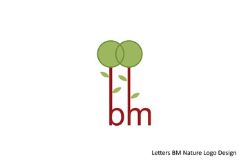 Minimalist 'BM' lettermark logo design featuring stylized trees and green leaves, symbolizing growth, environment, and organic concepts for a modern brand identity