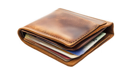 Closed vintage brown leather wallet isolated on white background

