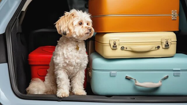 Cute maltipoo dog sits in open car trunk next to stack of colorful vintage suitcases, ready for journey. Traveling with animals, car travel