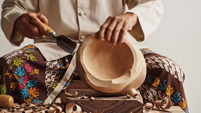 Woodcraft Artisan Carves Exquisite Wooden Bowl Demonstrating Traditional Craftsmanship Skills