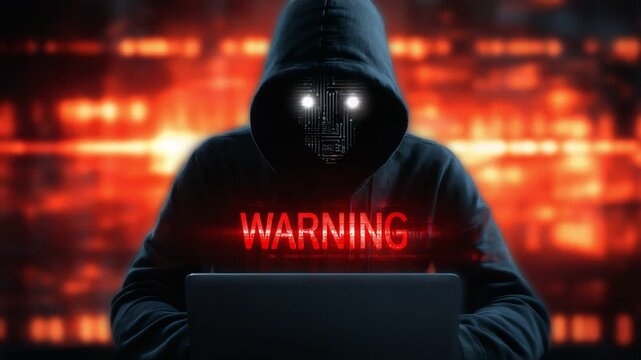 A mysterious figure in a hoodie sits before a laptop, illuminated by a glaring red warning message, symbolizing cybersecurity threats and the digital age's hidden dangers.