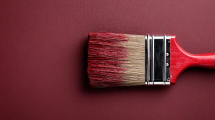 Red paint-laden brush rests against matching textured surface