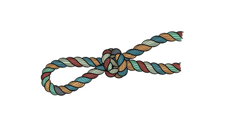 Colorful twisted cord with knotted end isolated on white background, showcasing intricate rope design and vibrant hues