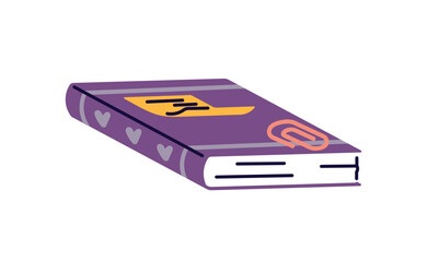 Icon of notebook. Closed note book with memo sticker and paper clip. Diary for writing secrets, thoughts, ideas. Textbook, notepad for learning, study. Flat isolated vector illustration on white