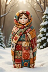 Colorful patchwork matryoshka doll in a winter shawl against the background of winter nature
