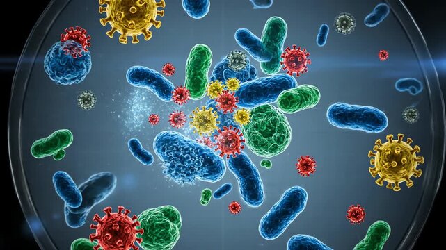 A detailed 3D microscopic animation showing colorful viruses and bacteria pathogens floating inside a petri dish.