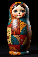 Colorful patchwork matryoshka doll in a winter shawl on a black background