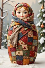 Colorful patchwork matryoshka doll in a winter shawl against the background of winter nature
