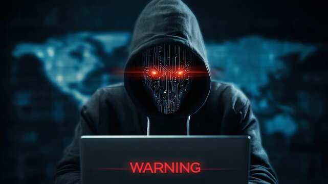 A mysterious figure in a hoodie stares at a laptop screen, illuminated by red warning text