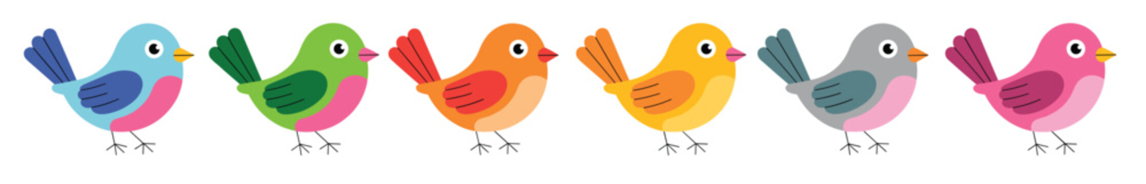 six adorable cartoon birds in different colors on white
