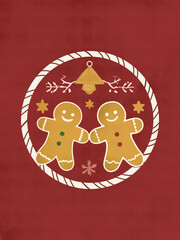 Minimalist Christmas Illustration of Two Gingerbread Cookies Holding Hands on Red Background.