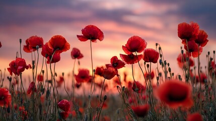 Red poppies in a field under a vibrant, colorful sunset sky