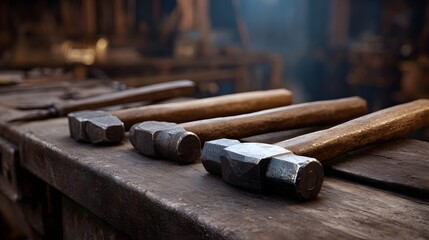 Several vintage hammers and tools are arranged on a weathered workbench in a rustic blacksmith s workshop