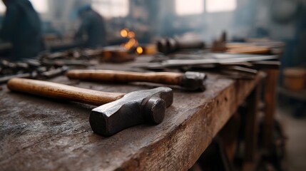 Hammers rest on a rustic workbench in a dimly lit atmospheric blacksmith s workshop with a warm glow suggesting ongoing work in the background