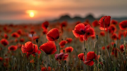 Red poppy field at sunrise, golden sunlight over distant trees