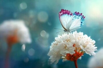Fototapeta premium Beautiful white flower fresh spring morning on nature and butterfly on blue background. Spring, summer concept