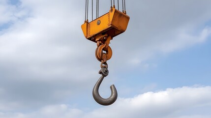 Fototapeta premium A heavy duty industrial crane hook hangs suspended against a cloudy blue sky representing strength and heavy lifting