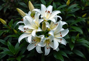 Fototapeta premium Elegant cluster of pristine white lilies, lush green foliage, still life, closeup