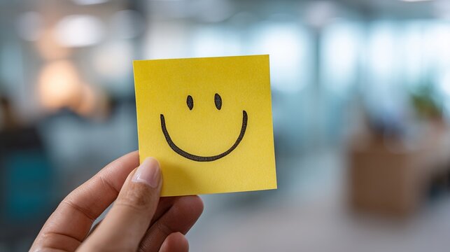 Close-up of hand holding yellow sticky note with black smiley face in bright office setting