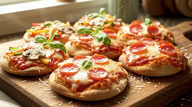 Delicious mini pizzas on a wooden board topped with pepperoni and fresh basil leaves