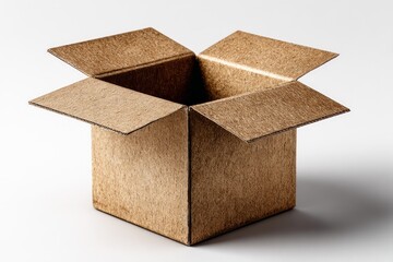 Brown corrugated cardboard box with open flaps on a plain white surface