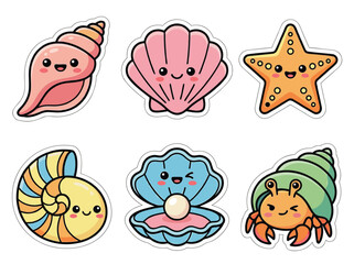 Fototapeta premium Cute Cartoon Sea Creatures and Shells Sticker Set.