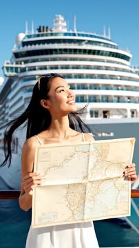 Woman in white dress with map, cruise ship behind