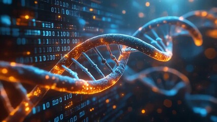 Abstract dna helix with digital data and glowing particles - Powered by Adobe