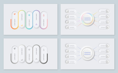 Set of 4 Minimal Neumorphic Infographic Templates with Rounded Steps and Radial Diagram in Soft Pastel and Gradient Colors for Business Presentation