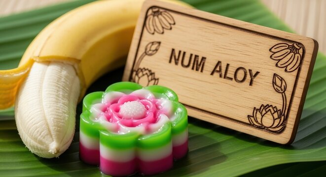 Unwrapped Num Aloy Cambodian Banana Sticky Rice Dessert with Engraved Koki Wood Sign featuring Banana and Lotus Motifs in Natural Light Macro