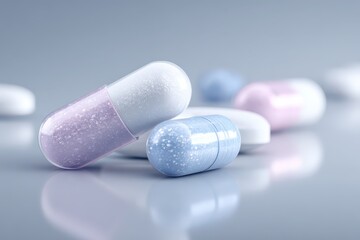 Medical product concept: scattered analgesic pills on a clean, clinical surface
