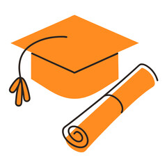 Icon of Graduation Cap and Rolled Diploma with Ribbon Symbolizing Academic Achievement and Professional Certification