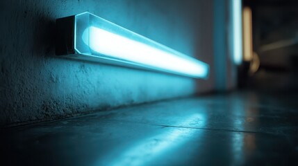 Minimal interior with a single neon tube light glow and soft halo