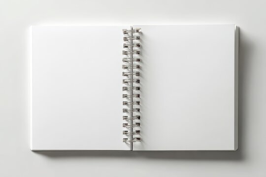 Minimal open notebook with spiral binding on clean white backdrop