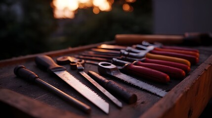 A mysterious assortment of scattered hand tools on a rustic wooden surface at twilight illuminated by soft bokeh lights