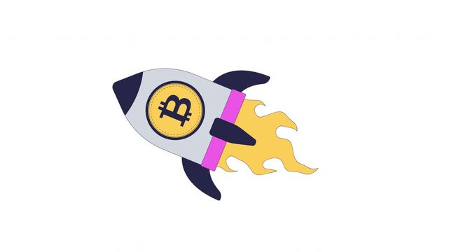 Bitcoin rocket launching blasting off 2D cartoon object animation. Cryptocurrency rapid growth. Financial momentum. Crypto investment boost animated flat colorful item 4K video isolated on white